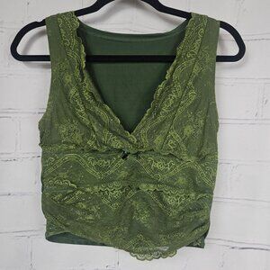 Green Lace Fairy Grunge Sleeveless Tank Top Shirt Cider Bow Womens L Y2K OOs